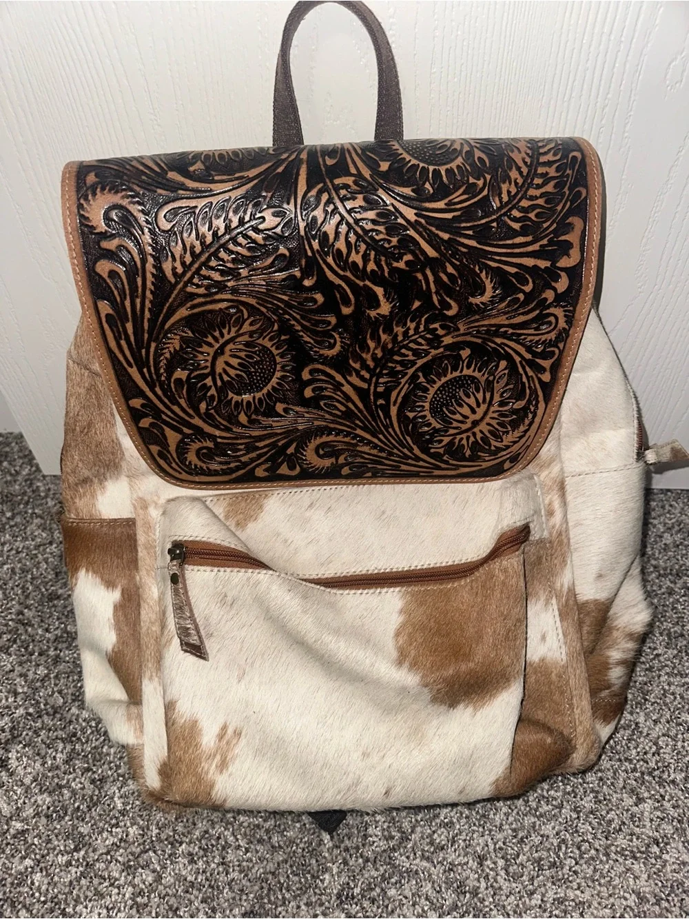 Myra Bag Brown & White Tooled Floral Cowhide Backpack